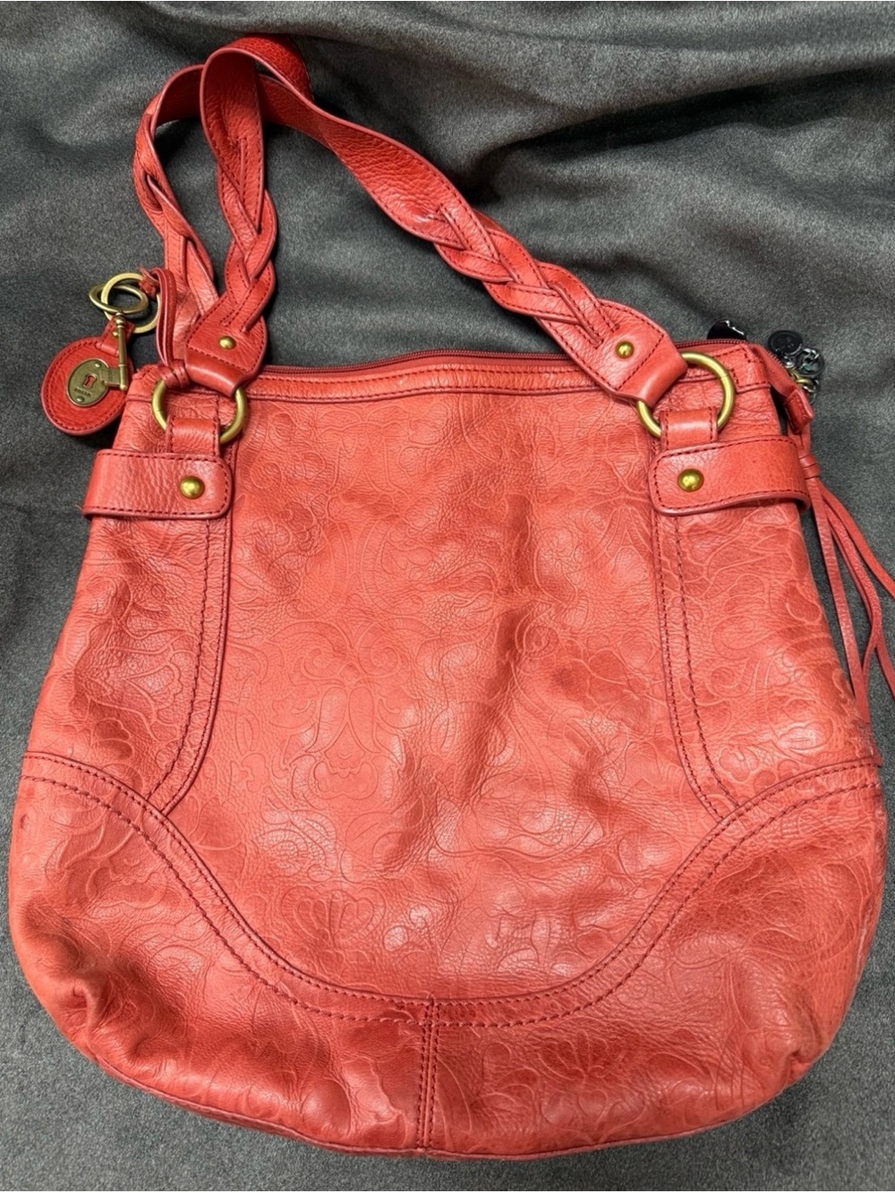 Vtg Fossil Red Embossed Cowhide Leather Hobo Crossbody Bag Or Shoulder Purse